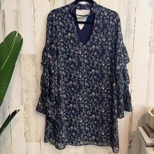 Le Lis Women’s Size L Navy Floral Chiffon Dress Ruffle Sleeves Cutout Neck